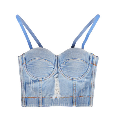 Naiste teksad, rinnakorsetid, suvine reguleeritav õlarihm teksariidest vest šikk mood daami rebitud aukudega sling Crop tops