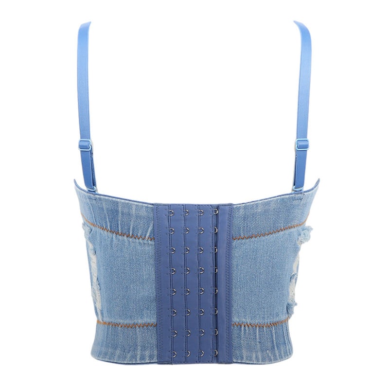 Naiste teksad, rinnakorsetid, suvine reguleeritav õlarihm teksariidest vest šikk mood daami rebitud aukudega sling Crop tops