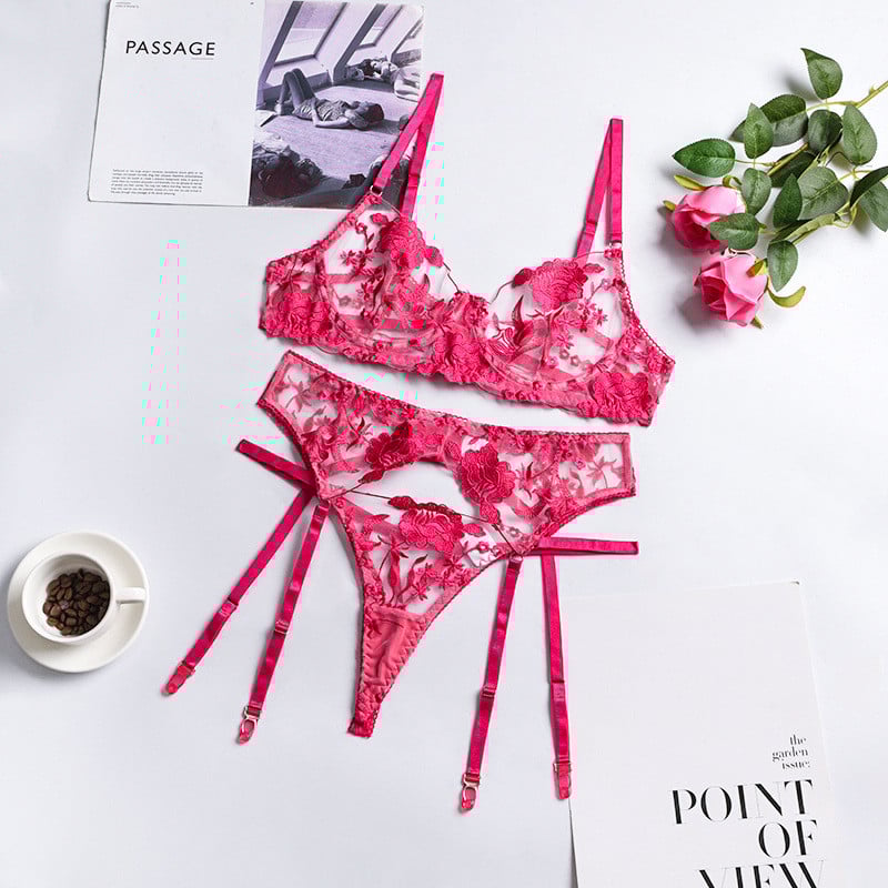 Aduloty's New Candy Color moteriškas nėriniais išsiuvinėtas seksualus apatinis apatinis liemenėlė plona permatoma erotinio apatinio trikotažo trijų dalių rinkinys