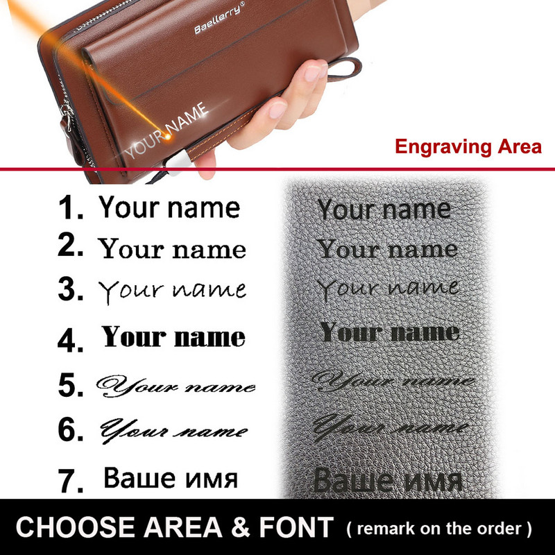 Nemokamos individualizuotos vyriškos sankabos piniginės Vardo graviravimas Didelės talpos telefono kišenė su dvigubu užtrauktuku Vyriškas sankabos krepšys Madinga vyriška piniginė