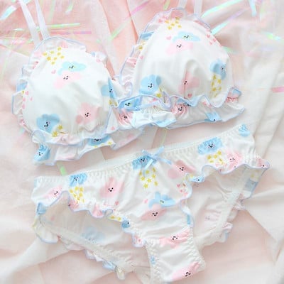 Set sutien și chiloți japonez drăguț Set de lenjerie de corp moale fără sârmă Set de sutien și chiloți alb de culoare Kawaii Lolita