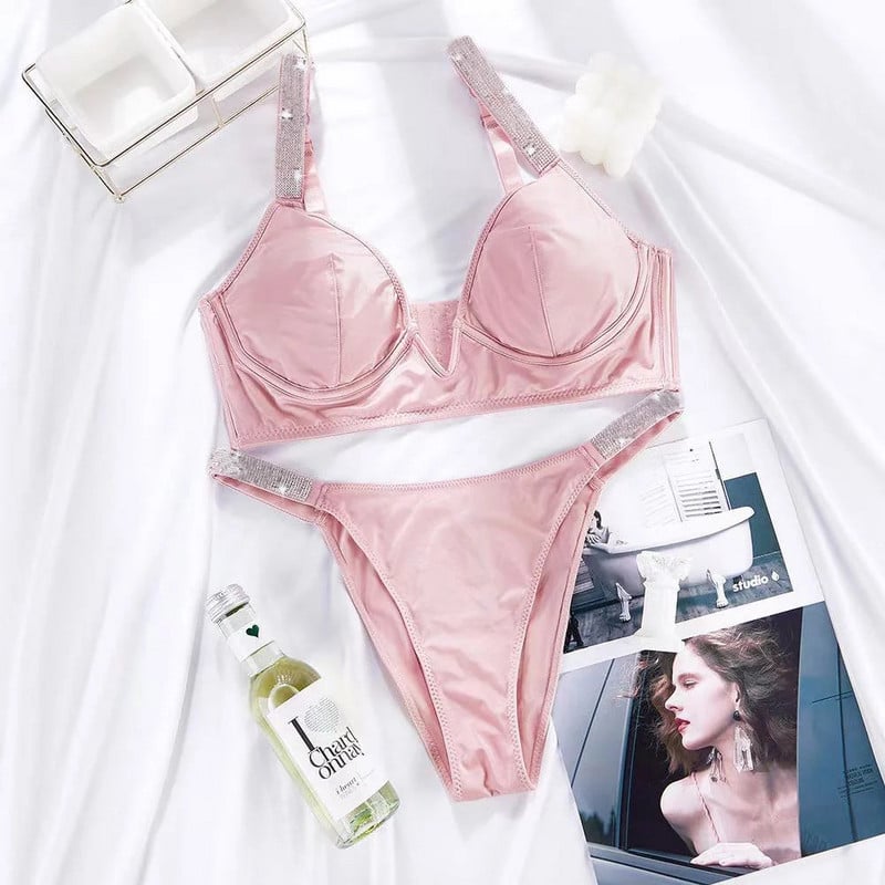 Kalnų krištolas be push up Sexy Low Back Bralette 2 vnt. Moteriškos gilios V prabangios liemenėlės Ultra ploni apatiniai moteriški apatiniai apatiniai liemenėlės