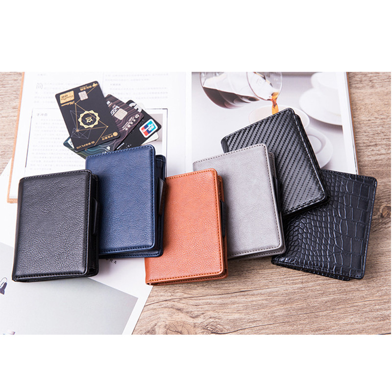 Bycobecy 2022 Fashion PU odinė vyriška piniginė FRID aliuminio dėžutės daugiafunkcinis kortelių laikiklio dėklas iššokantis kortelių laikiklis piniginė