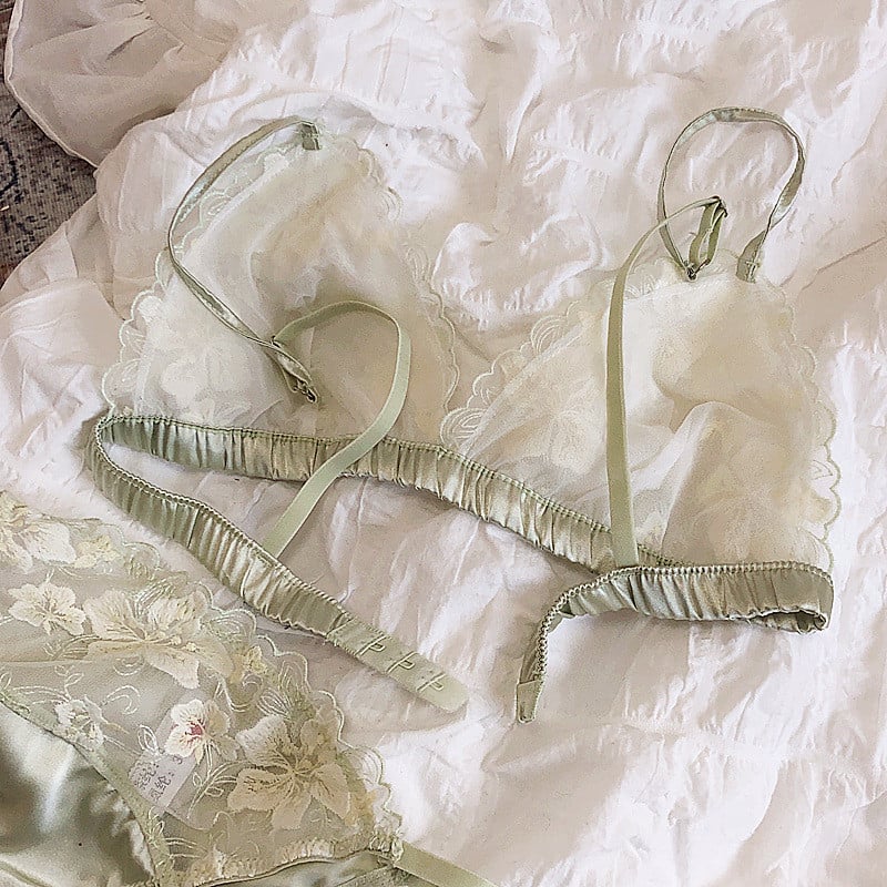 2020 Νέα εξαιρετικά λεπτά φλοράλ κεντήματα γυναικεία σέξι εσώρουχα Διαφανή φρέσκα φόρεμα για κορίτσια Πράσινο σουτιέν και σετ εσώρουχα Wire Free