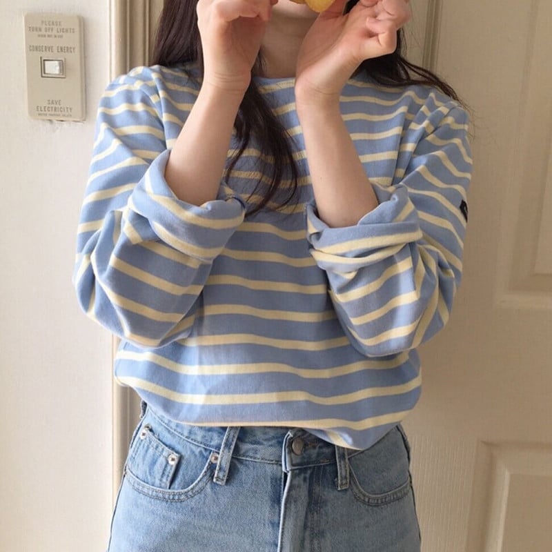 Harteen marškinėliai Laisvi medvilniniai dryžuoti marškinėliai, moteriški rudeniniai ilgomis rankovėmis O formos iškirpte korėjietiški, visi tinkantys pagrindiniai moteriški marškinėliai, moteriški marškinėliai