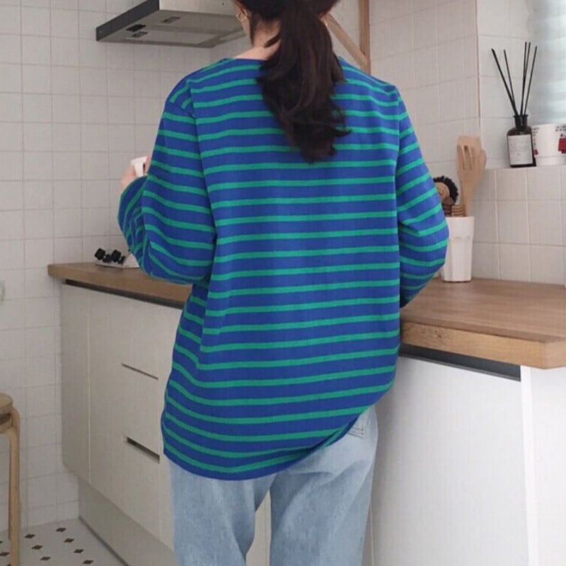 Harteen marškinėliai Laisvi medvilniniai dryžuoti marškinėliai, moteriški rudeniniai ilgomis rankovėmis O formos iškirpte korėjietiški, visi tinkantys pagrindiniai moteriški marškinėliai, moteriški marškinėliai