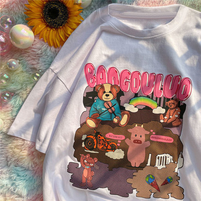 Madingi Little Bears Spausdinti Juokingi grafiniai marškinėliai Vasariniai balti medvilniniai Estetiniai viršutiniai viršūnės Dideli Kpop Moteriški Mieli marškinėliai