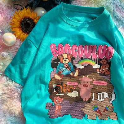 Madingi Little Bears Spausdinti Juokingi grafiniai marškinėliai Vasariniai balti medvilniniai Estetiniai viršutiniai viršūnės Dideli Kpop Moteriški Mieli marškinėliai