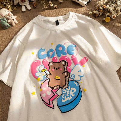 Madingi Little Bears Spausdinti Juokingi grafiniai marškinėliai Vasariniai balti medvilniniai Estetiniai viršutiniai viršūnės Dideli Kpop Moteriški Mieli marškinėliai