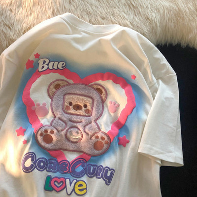 Madingi Little Bears Spausdinti Juokingi grafiniai marškinėliai Vasariniai balti medvilniniai Estetiniai viršutiniai viršūnės Dideli Kpop Moteriški Mieli marškinėliai