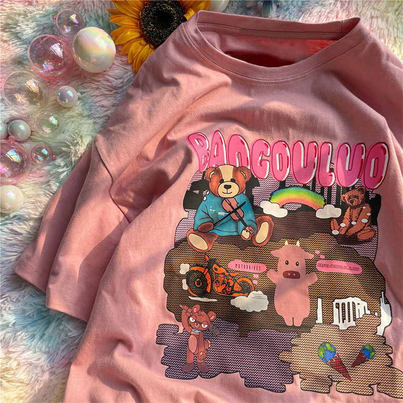 Madingi Little Bears Spausdinti Juokingi grafiniai marškinėliai Vasariniai balti medvilniniai Estetiniai viršutiniai viršūnės Dideli Kpop Moteriški Mieli marškinėliai