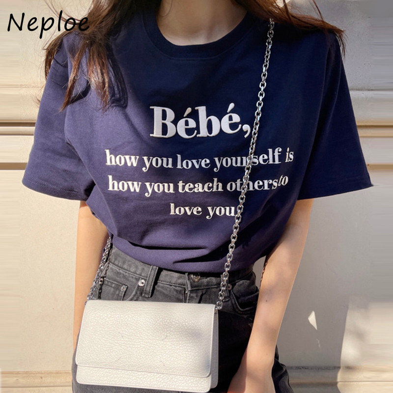 „Neploe O Neck“ megztinis trumpomis rankovėmis marškinėliai su raidėmis, laisvi marškinėliai, vasara 2022 m. Nauji medvilniniai moteriški marškinėliai, daugiaspalviai