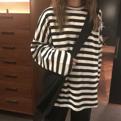 Moteriški harajuku dryžuoti marškinėliai ilgomis rankovėmis O formos iškirpte marškinėliai ulzzang korėjiečių laisvalaikio marškinėliai Moteriški juodi Viršutiniai pavasario ruduo