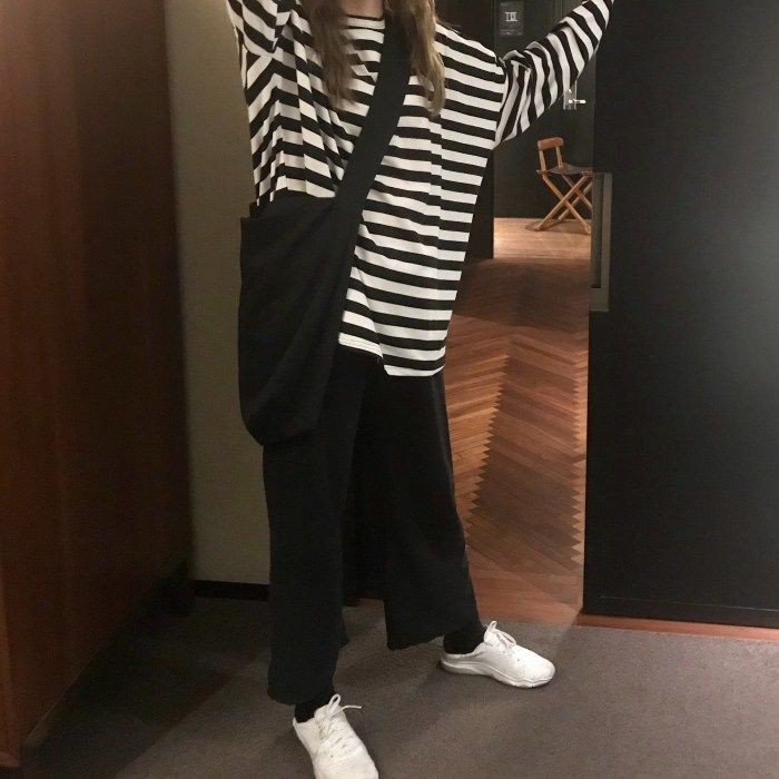 Moteriški harajuku dryžuoti marškinėliai ilgomis rankovėmis O formos iškirpte marškinėliai ulzzang korėjiečių laisvalaikio marškinėliai Moteriški juodi Viršutiniai pavasario ruduo