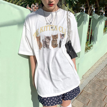 sunfiz Kawaii The Kitten Club Γυναικεία μπλουζάκι Streetwear Λευκό βαμβακερό κοντό μανίκι Femme Υπερμεγέθη γραφικό μπλουζάκι χαριτωμένο μπλουζάκι Grunge