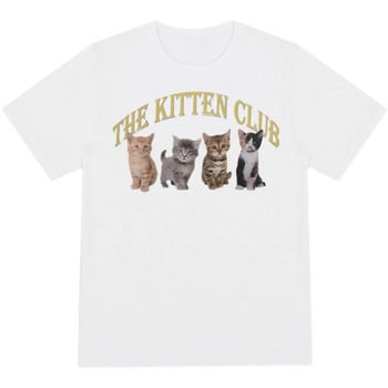 sunfiz Kawaii The Kitten Club Γυναικεία μπλουζάκι Streetwear Λευκό βαμβακερό κοντό μανίκι Femme Υπερμεγέθη γραφικό μπλουζάκι χαριτωμένο μπλουζάκι Grunge