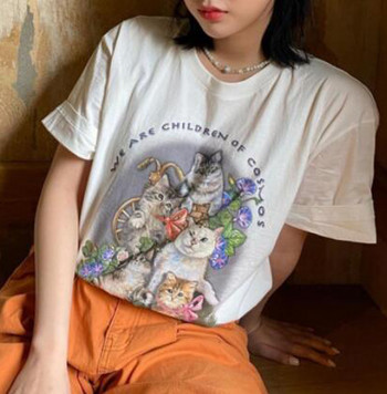 sunfiz Kawaii The Kitten Club Γυναικεία μπλουζάκι Streetwear Λευκό βαμβακερό κοντό μανίκι Femme Υπερμεγέθη γραφικό μπλουζάκι χαριτωμένο μπλουζάκι Grunge