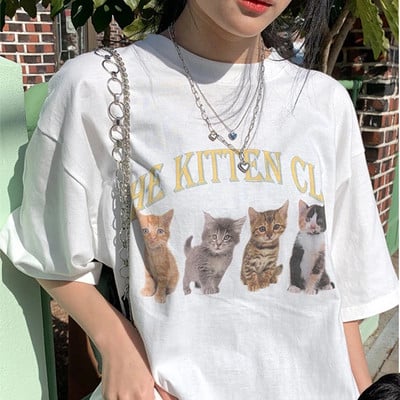 sunfiz Kawaii The Kitten Club Moteriški marškinėliai Gatvės drabužiai balti medvilniniai trumpomis rankovėmis moteriški Oversized grafiniai marškinėliai Mieli Grunge viršutiniai drabužiai