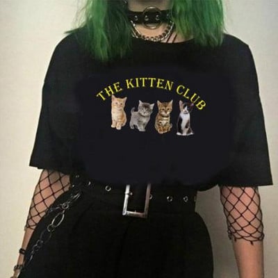sunfiz Kawaii The Kitten Club Moteriški marškinėliai Gatvės drabužiai balti medvilniniai trumpomis rankovėmis moteriški Oversized grafiniai marškinėliai Mieli Grunge viršutiniai drabužiai