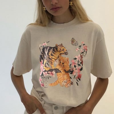 sunfiz Kawaii The Kitten Club Moteriški marškinėliai Gatvės drabužiai balti medvilniniai trumpomis rankovėmis moteriški Oversized grafiniai marškinėliai Mieli Grunge viršutiniai drabužiai
