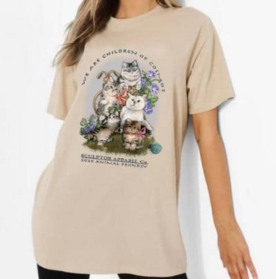 sunfiz Kawaii The Kitten Club Moteriški marškinėliai Gatvės drabužiai balti medvilniniai trumpomis rankovėmis moteriški Oversized grafiniai marškinėliai Mieli Grunge viršutiniai drabužiai