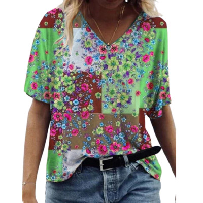 2021-es évjáratú női virágmintás póló nyári alkalmi rövid ujjú, V-nyakú női túlméretezett felsők, 3D absztrakt utcai ruházat, nagy méretű