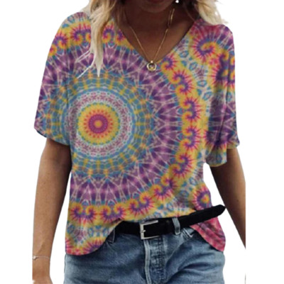 2021-es évjáratú női virágmintás póló nyári alkalmi rövid ujjú, V-nyakú női túlméretezett felsők, 3D absztrakt utcai ruházat, nagy méretű