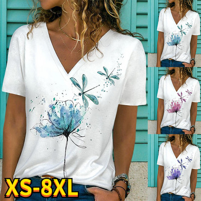 Καλοκαίρι 2022 Κομψός γυναικείος πίνακας ζωγραφικής με κοντό μανίκι V λαιμόκοψη Dragonfly Πουλόβερ Loosen και casual μπλουζάκια