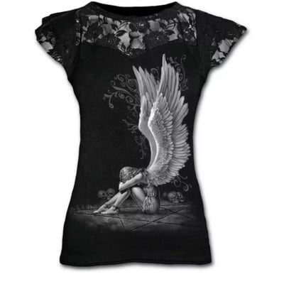 Nagy méretű gót grafikus csipke pólók női gótikus ruházat fekete grunge punk pólók női Y2k rövid ujjú felsők nyári póló