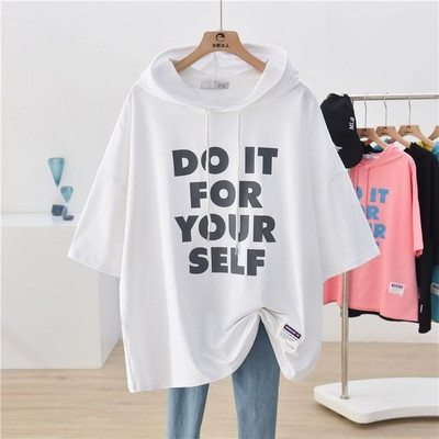 4XL Dideli marškinėliai trumpomis rankovėmis, moteriški vasaros saldainių spalvos gobtuvu korėjiečių paprastosios raidės vintažinės laisvos mados laisvalaikio marškinėliai