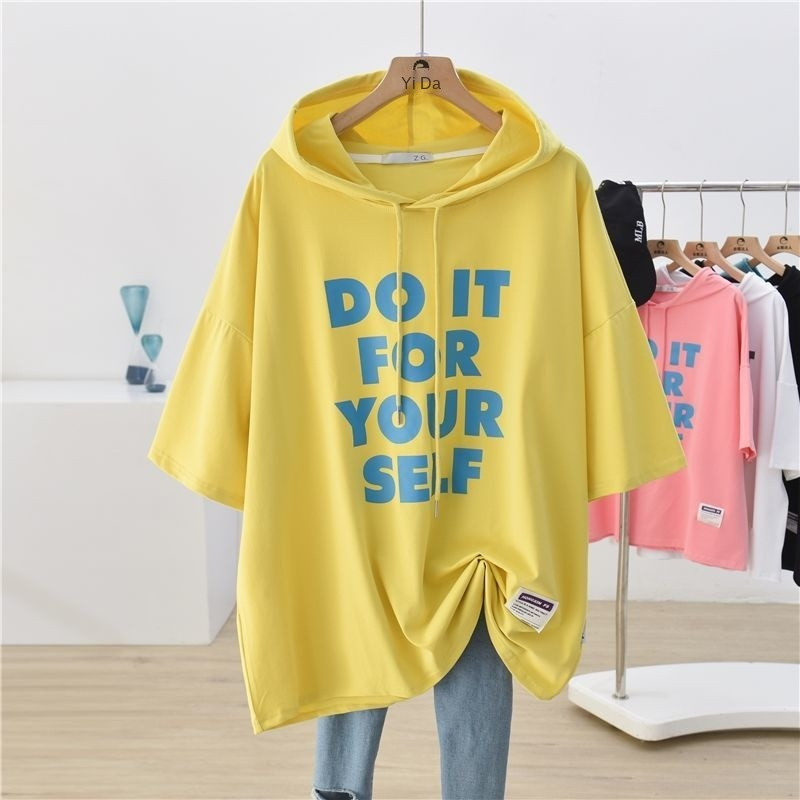 4XL Dideli marškinėliai trumpomis rankovėmis, moteriški vasaros saldainių spalvos gobtuvu korėjiečių paprastosios raidės vintažinės laisvos mados laisvalaikio marškinėliai