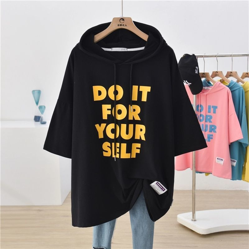 4XL Dideli marškinėliai trumpomis rankovėmis, moteriški vasaros saldainių spalvos gobtuvu korėjiečių paprastosios raidės vintažinės laisvos mados laisvalaikio marškinėliai