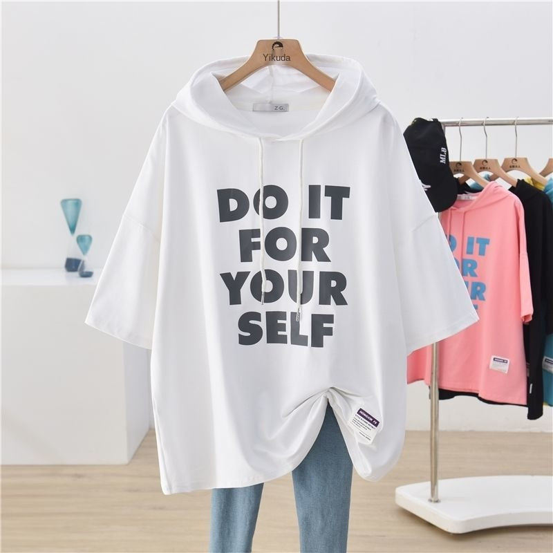 4XL Dideli marškinėliai trumpomis rankovėmis, moteriški vasaros saldainių spalvos gobtuvu korėjiečių paprastosios raidės vintažinės laisvos mados laisvalaikio marškinėliai