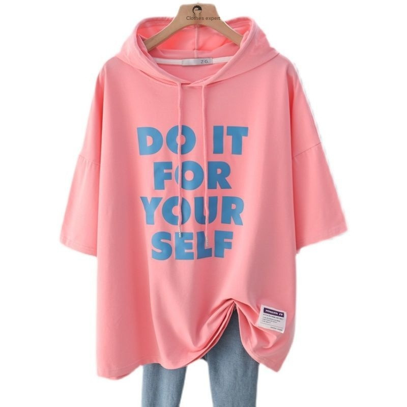 4XL Dideli marškinėliai trumpomis rankovėmis, moteriški vasaros saldainių spalvos gobtuvu korėjiečių paprastosios raidės vintažinės laisvos mados laisvalaikio marškinėliai