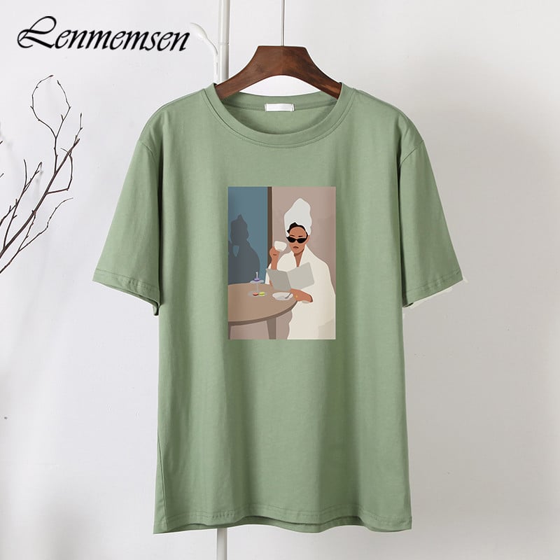 „Lenmemsen“ madingi marškinėliai, moteriški vasariniai laisvi trumpomis rankovėmis, 100 % medvilnės marškinėliai, moteriški laisvalaikio estetiniai, grafiški juodi viršutiniai drabužiai