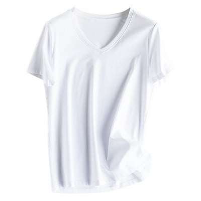Vasaros merserizuotos medvilnės moteriški šilko marškinėliai su kaklu trumpomis rankovėmis laisvi tiesūs marškinėliai Įprasti marškinėliai minimalistiniams 2021 m.