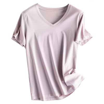 Vasaros merserizuotos medvilnės moteriški šilko marškinėliai su kaklu trumpomis rankovėmis laisvi tiesūs marškinėliai Įprasti marškinėliai minimalistiniams 2021 m.