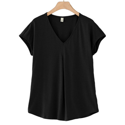 S-5XL Alkalmi női pamut pólók rövid ujjú V-nyakú nyári laza pólók felső M30395