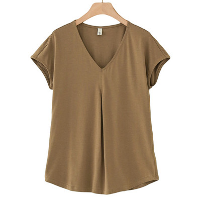 S-5XL Alkalmi női pamut pólók rövid ujjú V-nyakú nyári laza pólók felső M30395