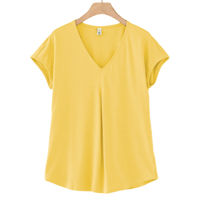 S-5XL Alkalmi női pamut pólók rövid ujjú V-nyakú nyári laza pólók felső M30395