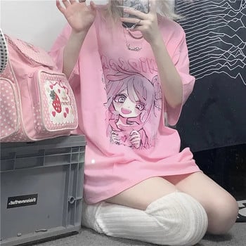 Άνοιξη Καλοκαίρι Νέα Κορεατική Έκδοση Harajuku Pink Cute Anime Cartoon Girl Printing Loose κοντομάνικο T-shirt Γυναικεία κορυφαία μαθήτρια