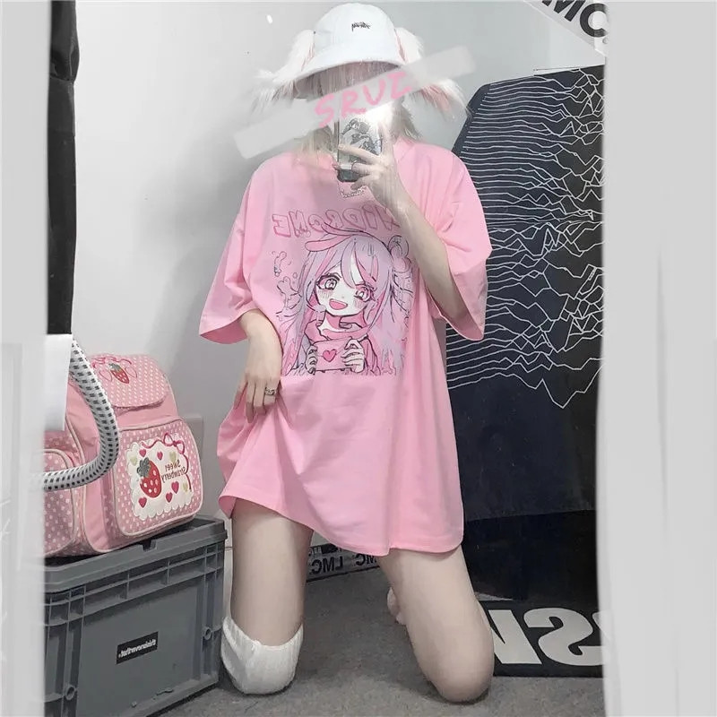 Pavasaris Vasara nauja korėjietiška versija Harajuku Pink Mielas animacinis animacinių filmukų mergina margina laisvus trumparankovius marškinėlius, geriausia studentė