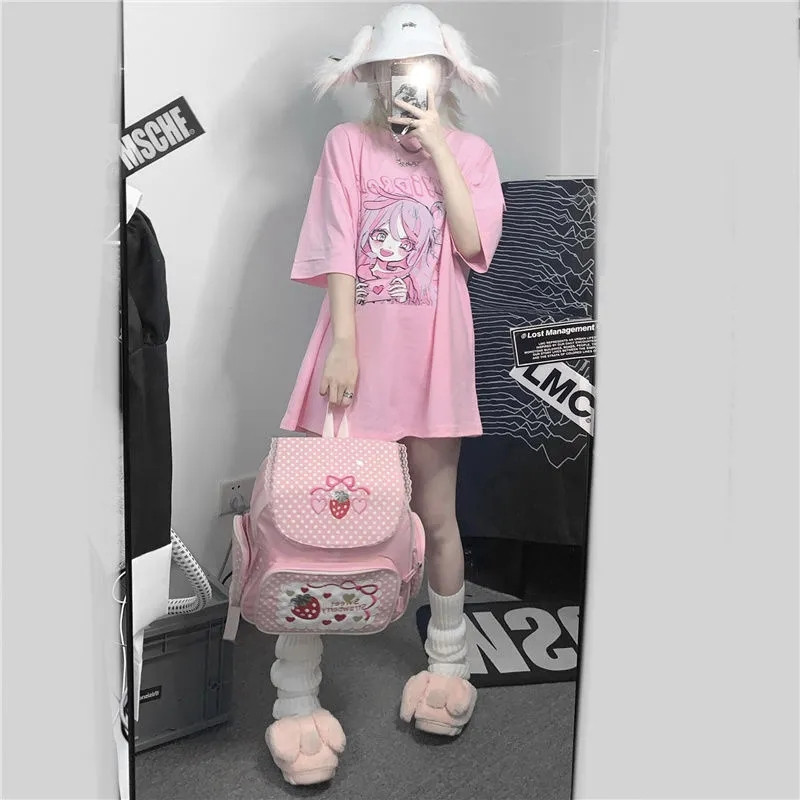 Pavasaris Vasara nauja korėjietiška versija Harajuku Pink Mielas animacinis animacinių filmukų mergina margina laisvus trumparankovius marškinėlius, geriausia studentė