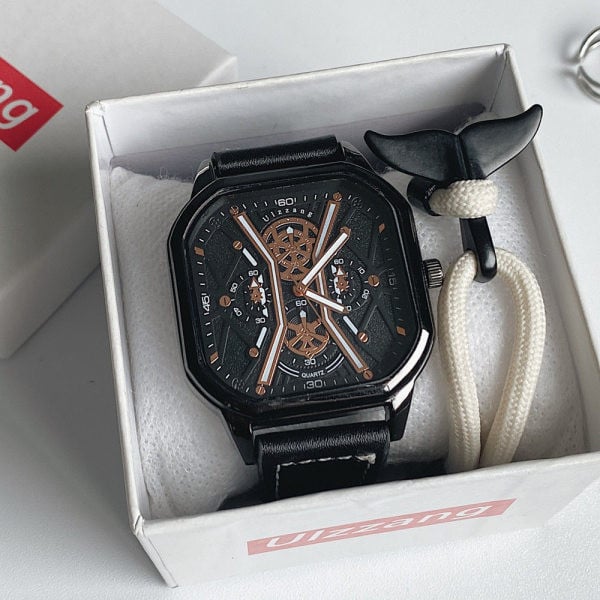 Sportinis laikrodis su kvadratiniu ciferblatu ir ekologiškos odos apyranke