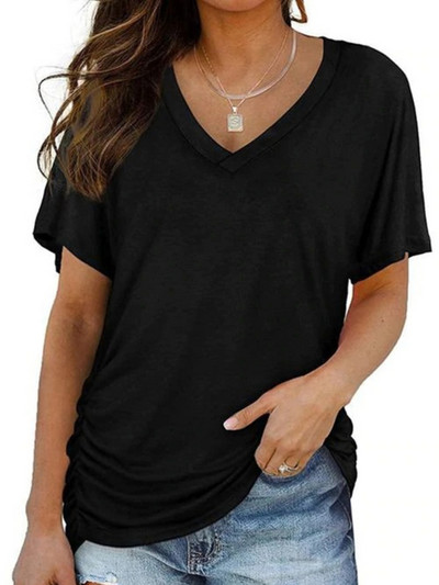 Moteriški madingi marškinėliai, vasariniai megztiniai trumpomis rankovėmis vienspalviai marškinėliai su V formos iškirpte Kasdieniai moteriški viršutiniai drabužiai