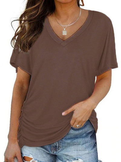 Moteriški madingi marškinėliai, vasariniai megztiniai trumpomis rankovėmis vienspalviai marškinėliai su V formos iškirpte Kasdieniai moteriški viršutiniai drabužiai