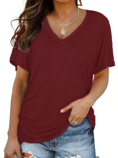 Moteriški madingi marškinėliai, vasariniai megztiniai trumpomis rankovėmis vienspalviai marškinėliai su V formos iškirpte Kasdieniai moteriški viršutiniai drabužiai