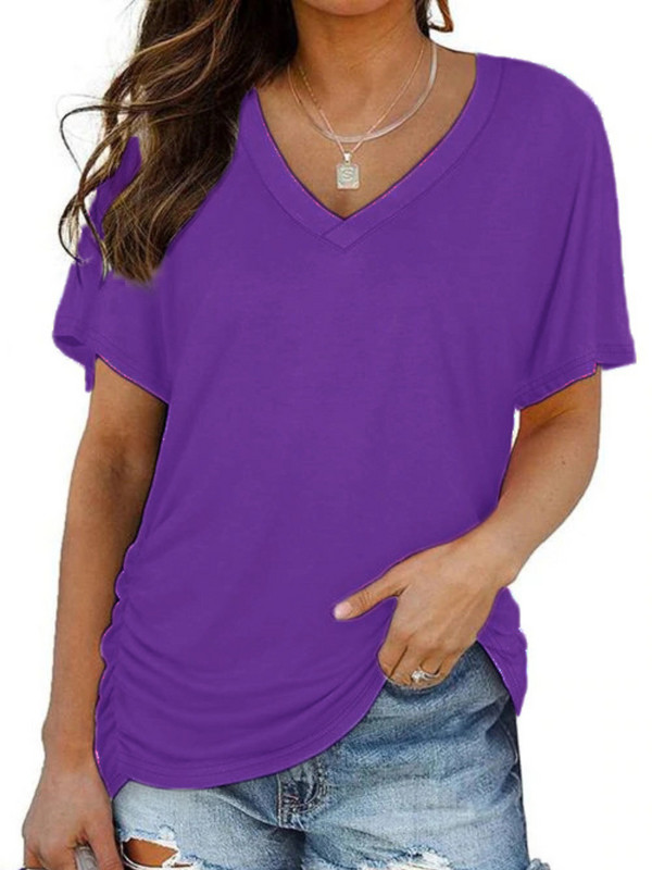 Moteriški madingi marškinėliai, vasariniai megztiniai trumpomis rankovėmis vienspalviai marškinėliai su V formos iškirpte Kasdieniai moteriški viršutiniai drabužiai
