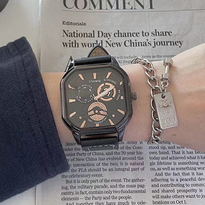 Vyriškas laikrodis su kvadratiniu ciferblatu ir ekologiškos odos apyranke