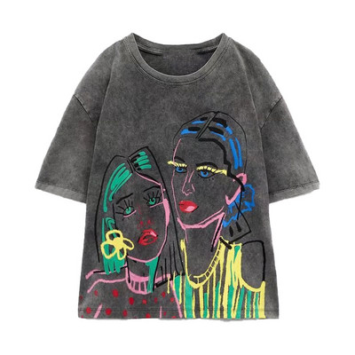 Zach AiIsa primăvară și vară nou temperament simplu și versatil tricou cu mâneci scurte cu gât rotund, drept, casual, imprimat